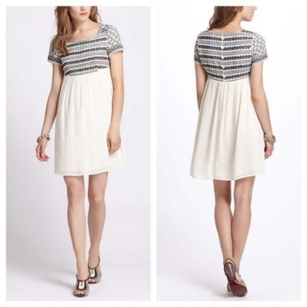 Anthropologie black and off white embroidered babydoll dress size L.